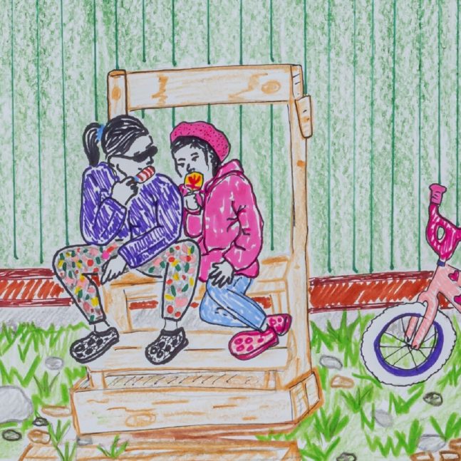 Colourful drawing of two girls eating sweets on wooden stairs with a bicycle on the right.