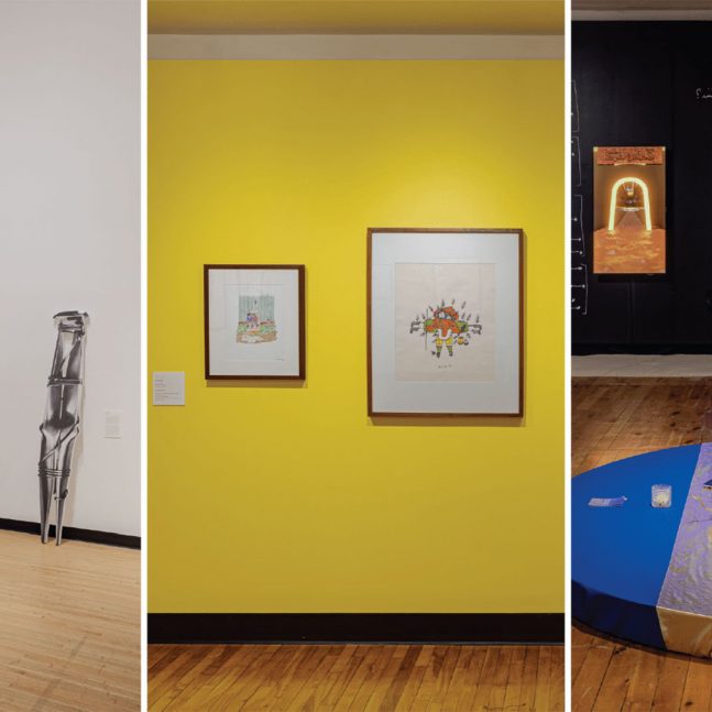 Three images galleries with art on their walls