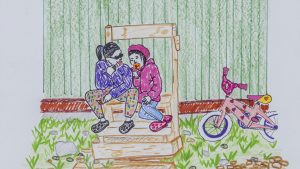 A coloured drawing of two individuals sitting on a chair while eating ice cream. The two individuals are surrounded by a pink bicycle with rocks and heart patterns along with there being a green background.