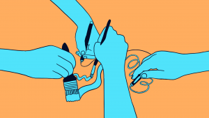 An artwork depicting four blue coloured hands drawing with blue coloured utensils on top of an orange background.