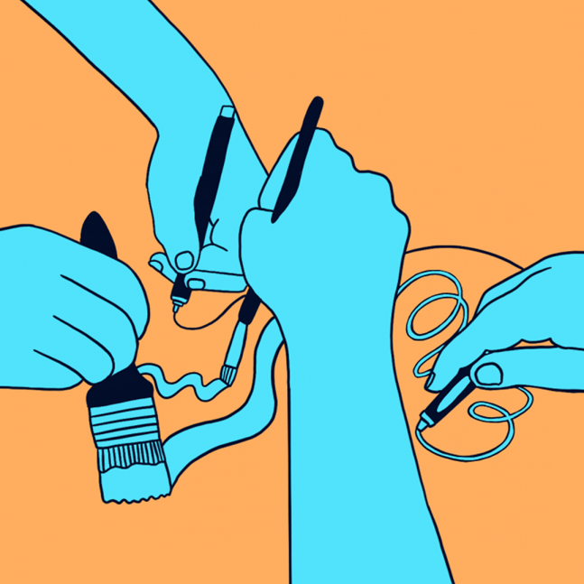 An artwork depicting four blue coloured hands drawing with blue coloured utensils on top of an orange background.