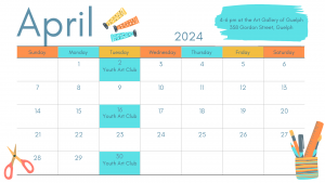 a calendar for the month of April with the following dates highlighted for Youth Art Club: April 2, April 16, and April 30
