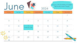 a calendar for the month of June with Tuesday, June 11 highlighted for Youth Art Club