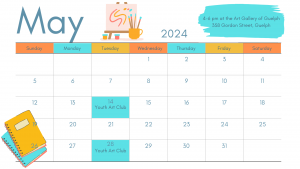 a calendar for the month of May with the following dates highlighted for Youth Art Club: May 14 and May 28