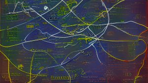 a digital graphic showing a blue, red, and green map with yellow and white crisscrossing lines and illegible text and drawings