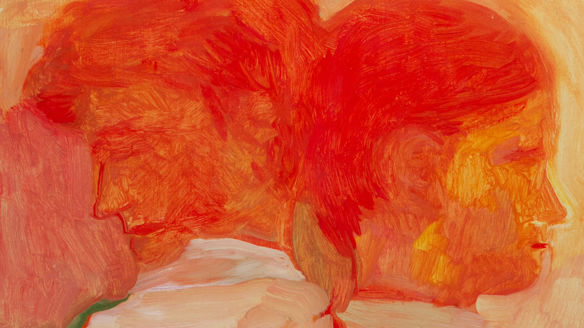 an orange painting showing two people's heads back to back