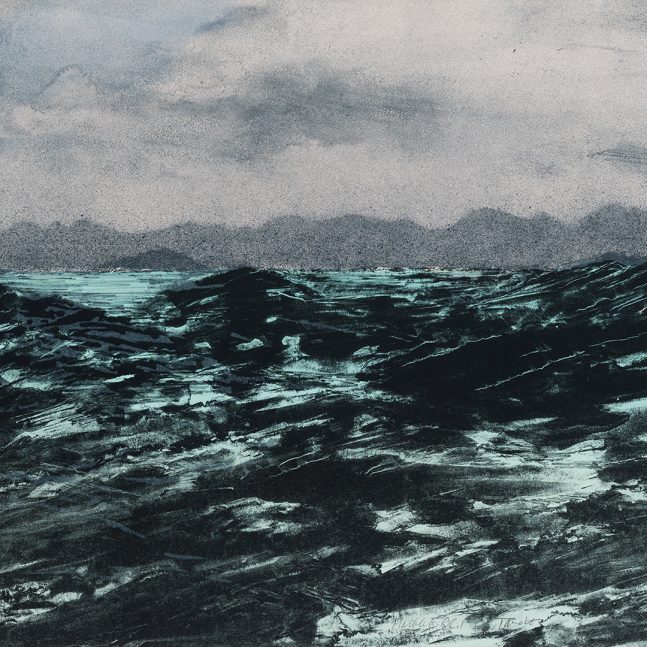 a blue and gray lithograph depicting dark turbulent water with foggy mountains in the background and a cloudy sky