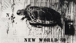 a black and white artwork depicting a turtle, and including lined paper, text, paint drips, the words "NEW WORLD 89", and the letter "N"