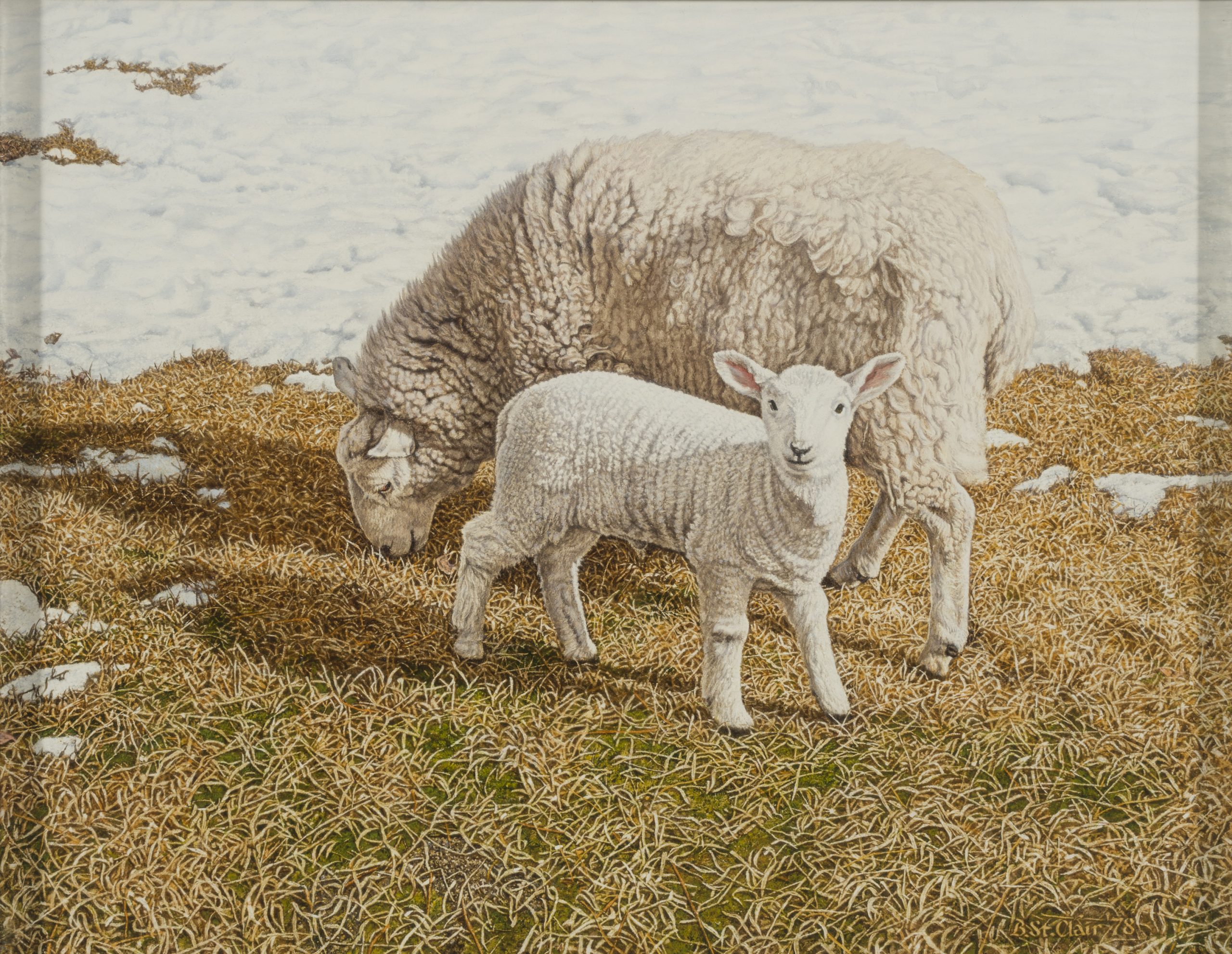 a painting of a sheep and a lamb in a grassy field partially covered in snow