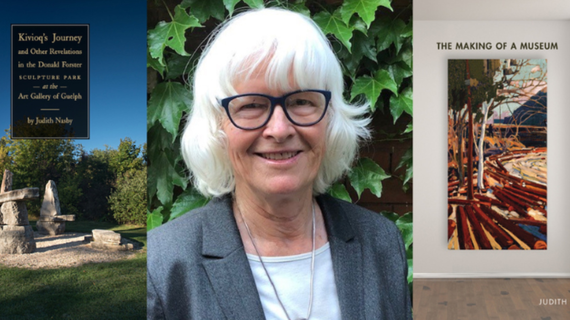 a headshot photo of Judith Nasby- a woman with glasses and white hair- flanked by the cover images of her two books on either side