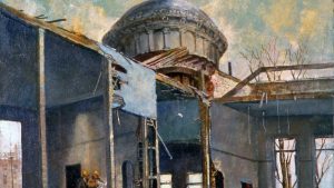 a painting of the demolition of the Guelph Carnegie Library building with two construction workers standing in the ruins