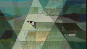 an abstract landscape painting with geometric shapes in various shades of green and brown, with a few houses nestled in between