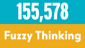 155,578 and Fuzzy Thinking exhibition titles on teal and mustard yellow background