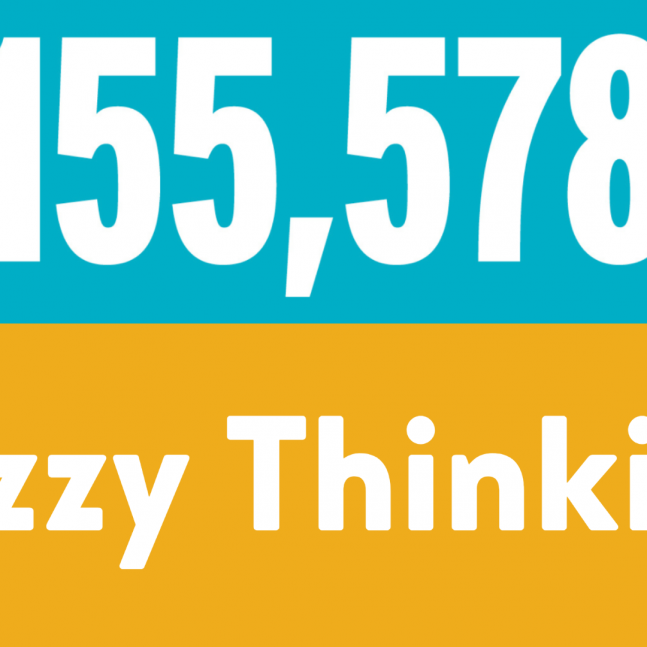 155,578 and Fuzzy Thinking exhibition titles on teal and mustard yellow background
