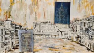a drawing of old downtown Guelph with two smaller drawings on top