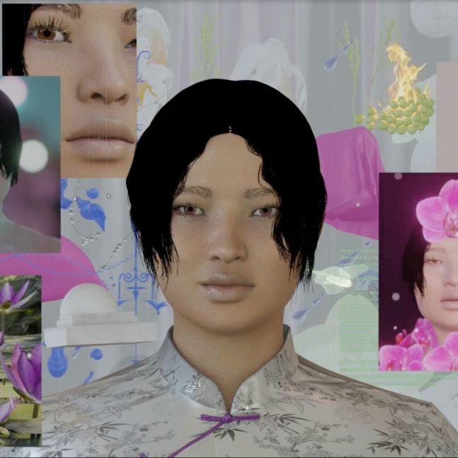 a digital artwork showing various portraits of one person in a space with floating objects
