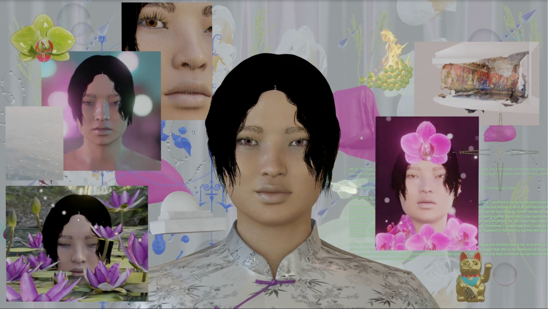 a digital artwork showing various portraits of one person in a space with floating objects