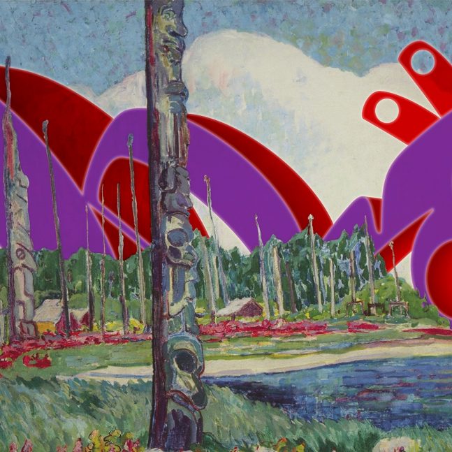 an Emily Carr painting depicting a shoreline of flowers, green grass, and carved totem poles. In the background, a large purple and red undulating geometric shape emerges from behind the land, added by the artist Sonny Assu.
