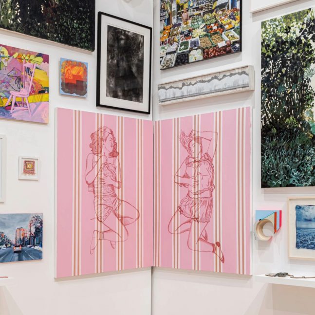 installation view of the exhibition 155,578 with numerous artworks installed gallery walls