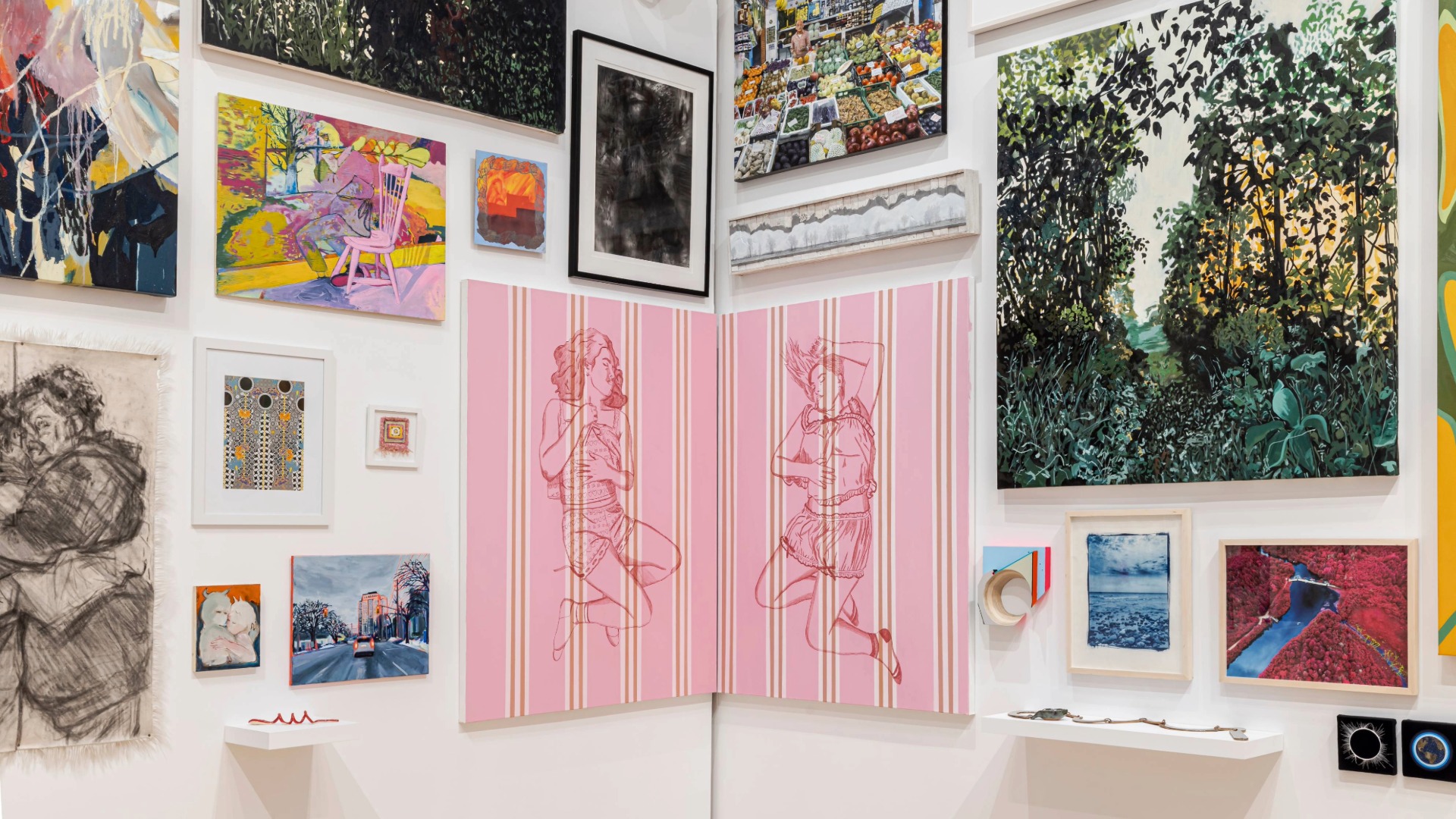 installation view of the exhibition 155,578 with numerous artworks installed gallery walls