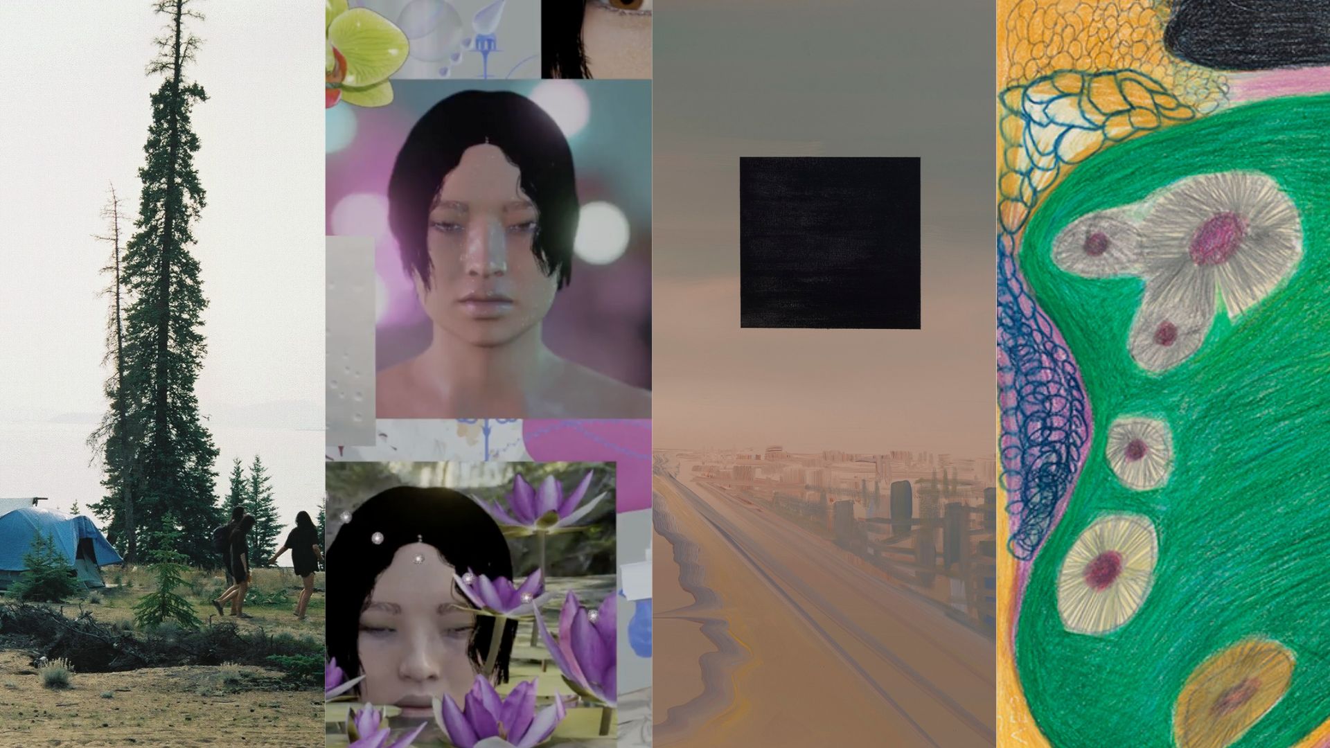 Melaw Nakehk'o, Waterfront Camp, Desneth’che, 2024. Courtesy of the artist | Marisa Müsing, Stuck in the Motherboard (detail), 2023, single-channel video, 7:38 minutes. Courtesy of the artist | Wanda Koop, A View from Here, 2008, acrylic on canvas. Gift of Robert Enright 2015 Art Gallery of Guelph Collection | Janet Kigusiuq, Landscape, 1997, coloured pencil on paper. Purchased with the support of the Canada Council for the Arts Acquisition Assistance Program, 1998 Macdonald Stewart Art Centre Collection at the Art Gallery of Guelph